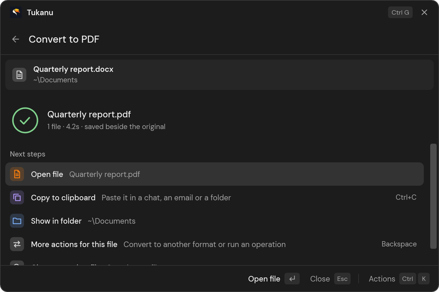 Tukanu after a conversion, offering to open, copy or show the new file