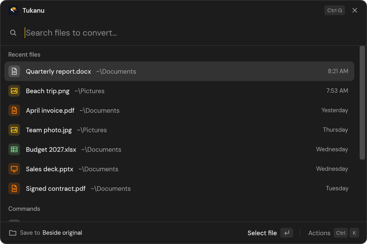 The Tukanu palette open on file search, listing recent files