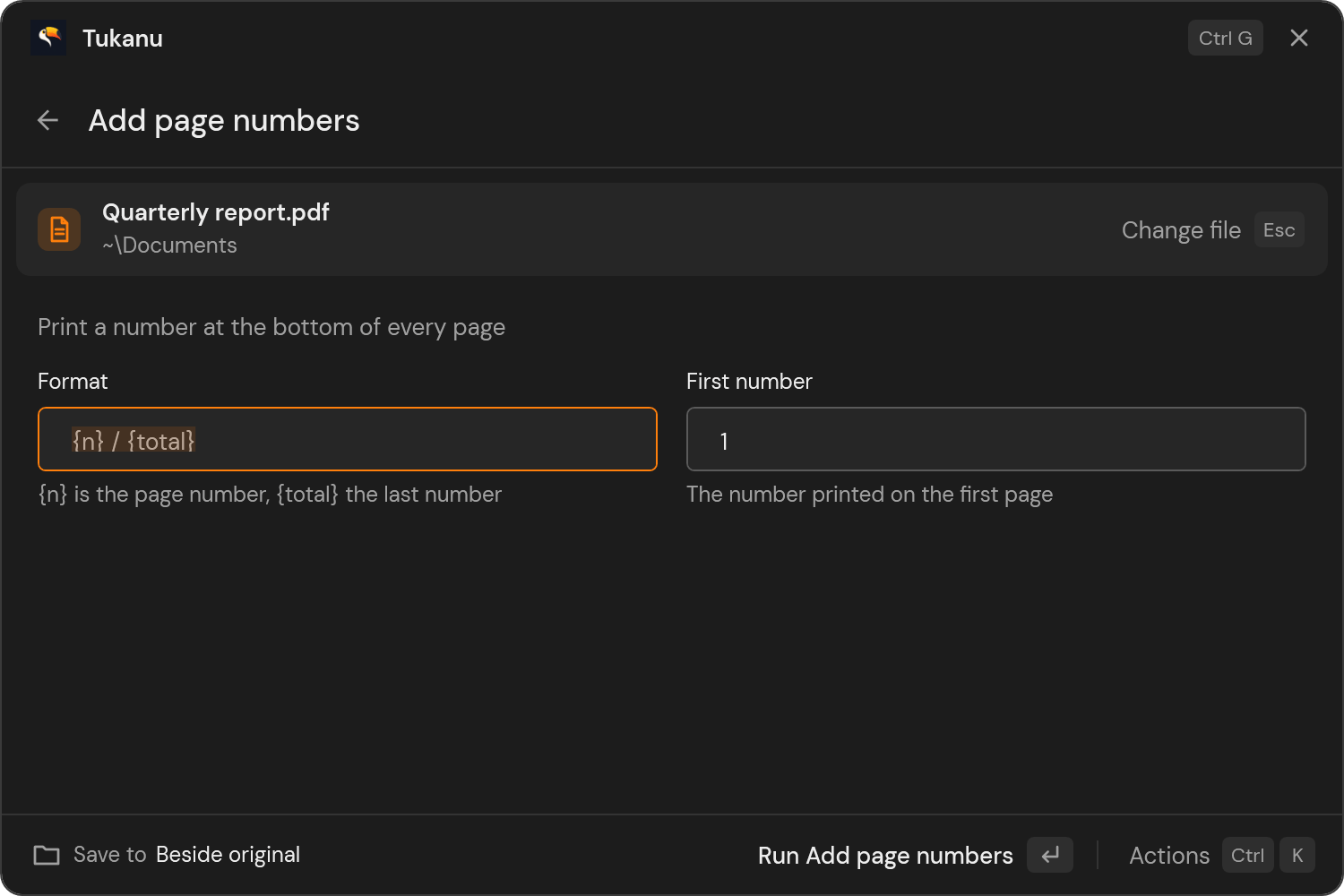 Tukanu asking for page number settings before running the tool