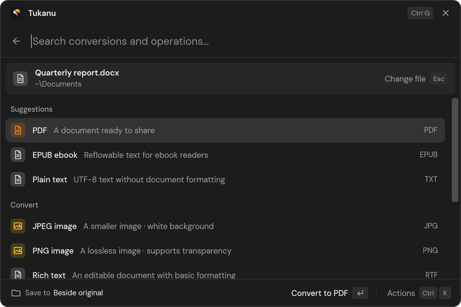 A Word document chosen in Tukanu, with suggested conversions such as PDF