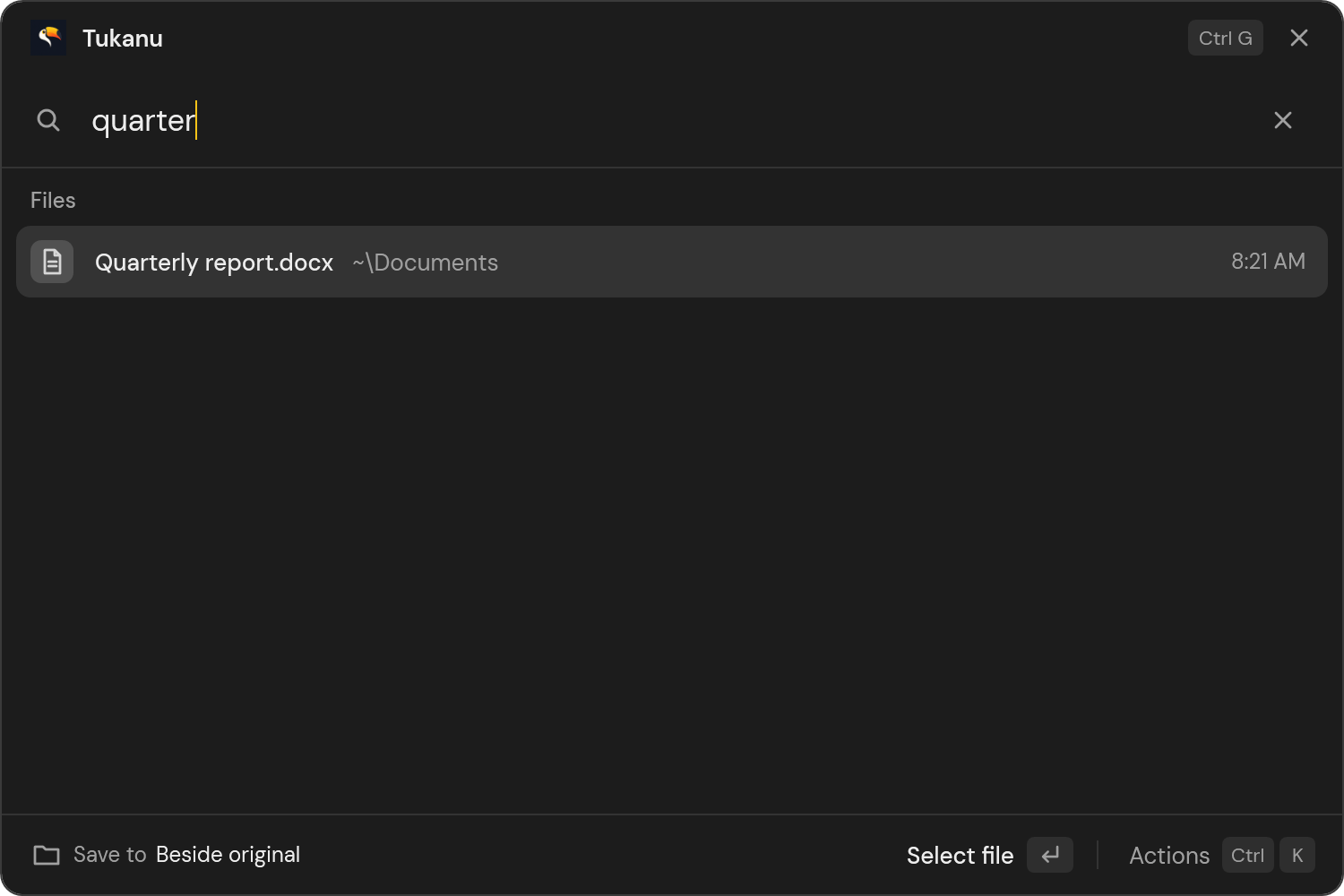 Typing part of a file name in Tukanu finds the file
