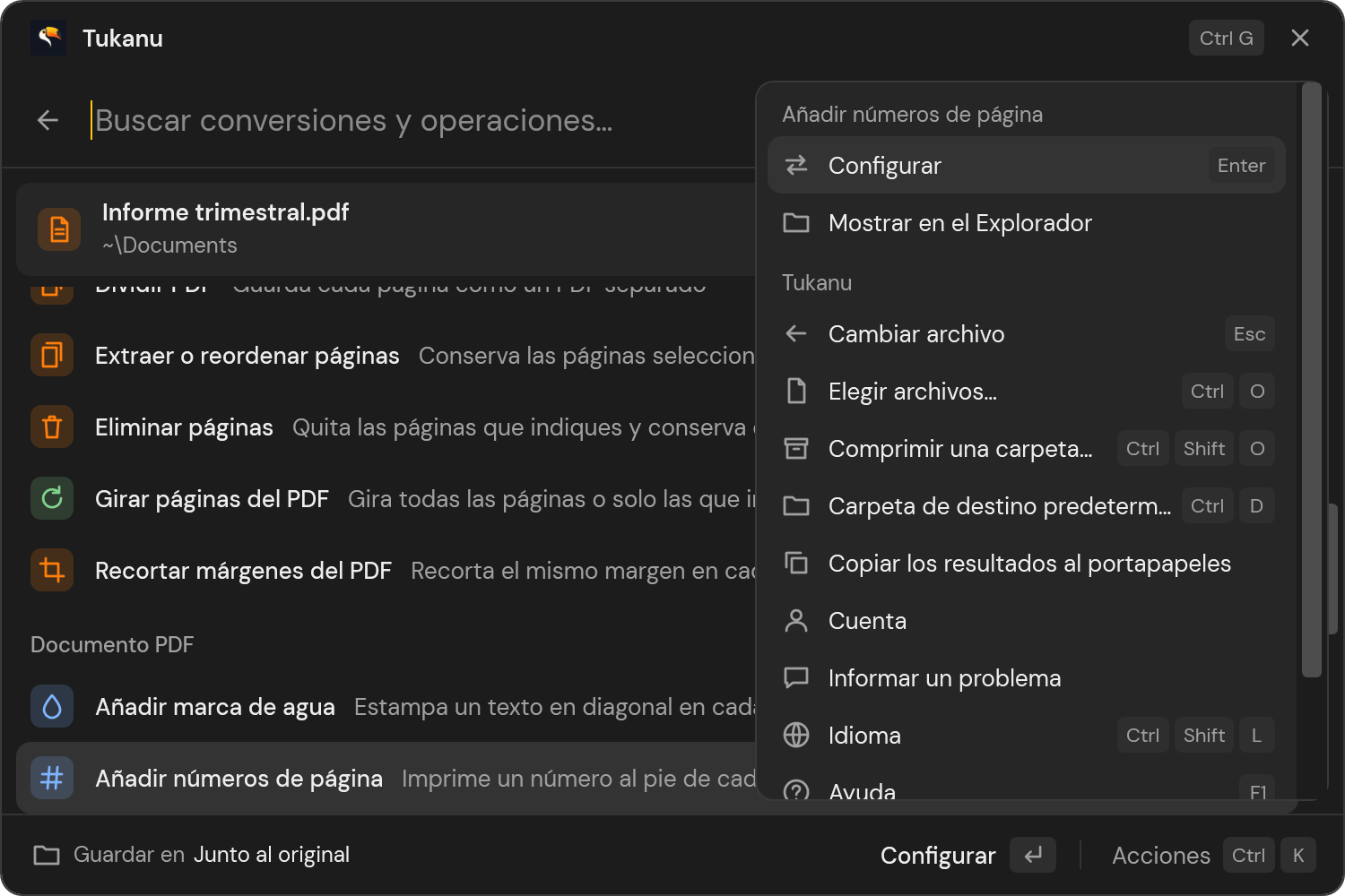 El panel de acciones de Tukanu, abierto con Ctrl K