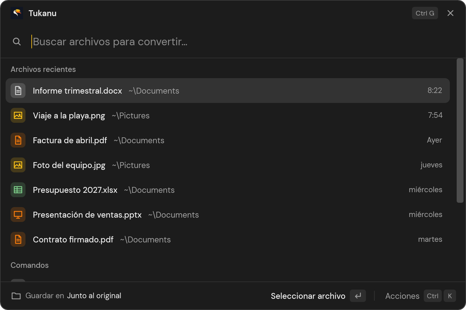 La paleta de Tukanu abierta en la búsqueda de archivos, con los archivos recientes