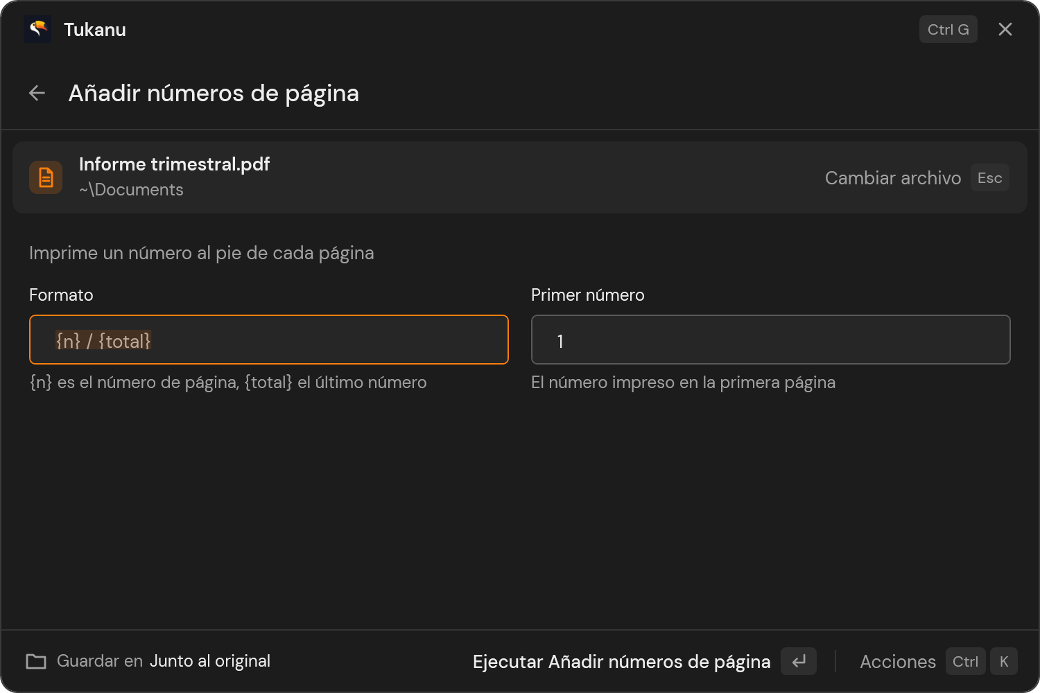 Tukanu pidiendo las opciones de numeración de páginas antes de ejecutar la herramienta