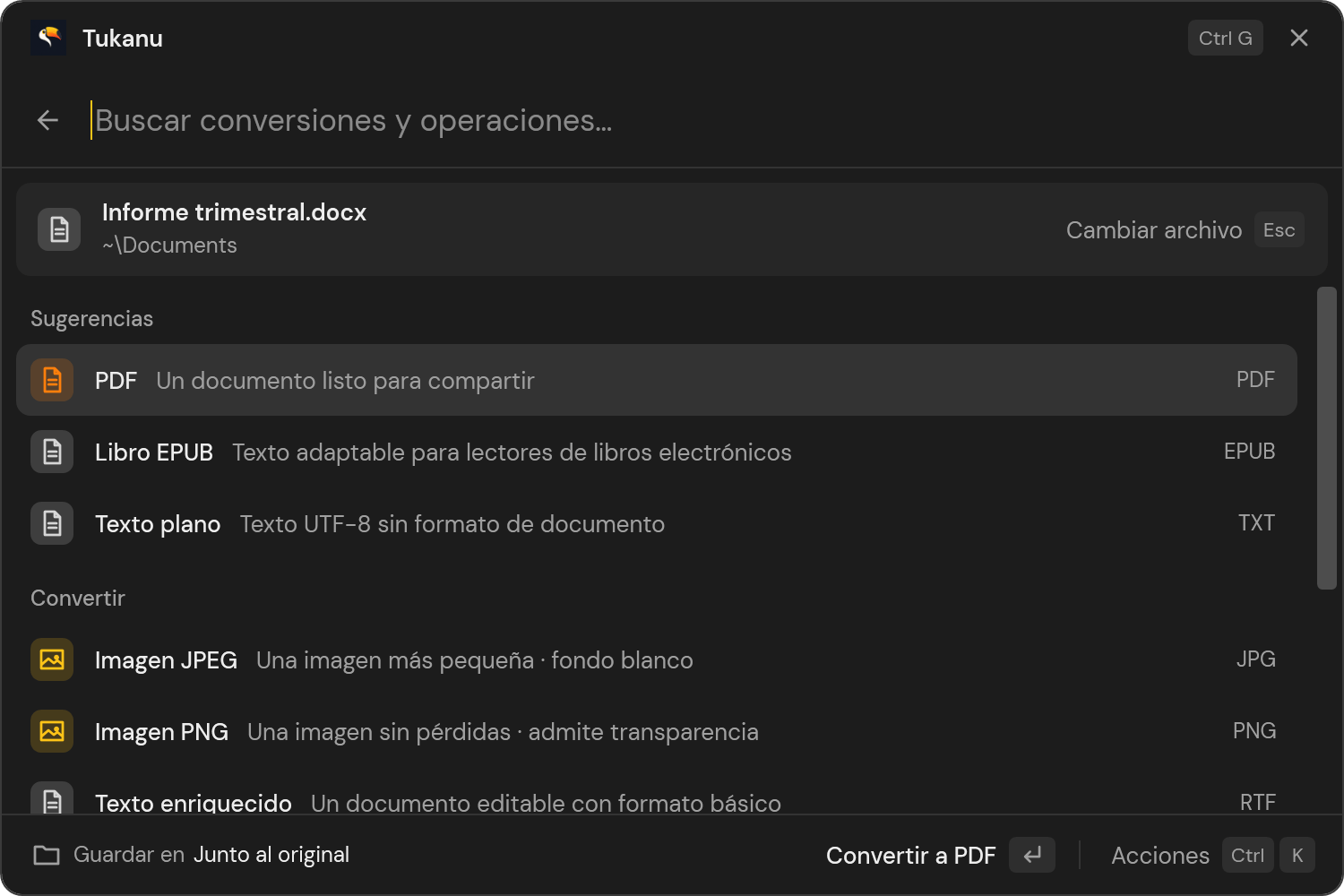 Un documento de Word elegido en Tukanu, con conversiones sugeridas como PDF