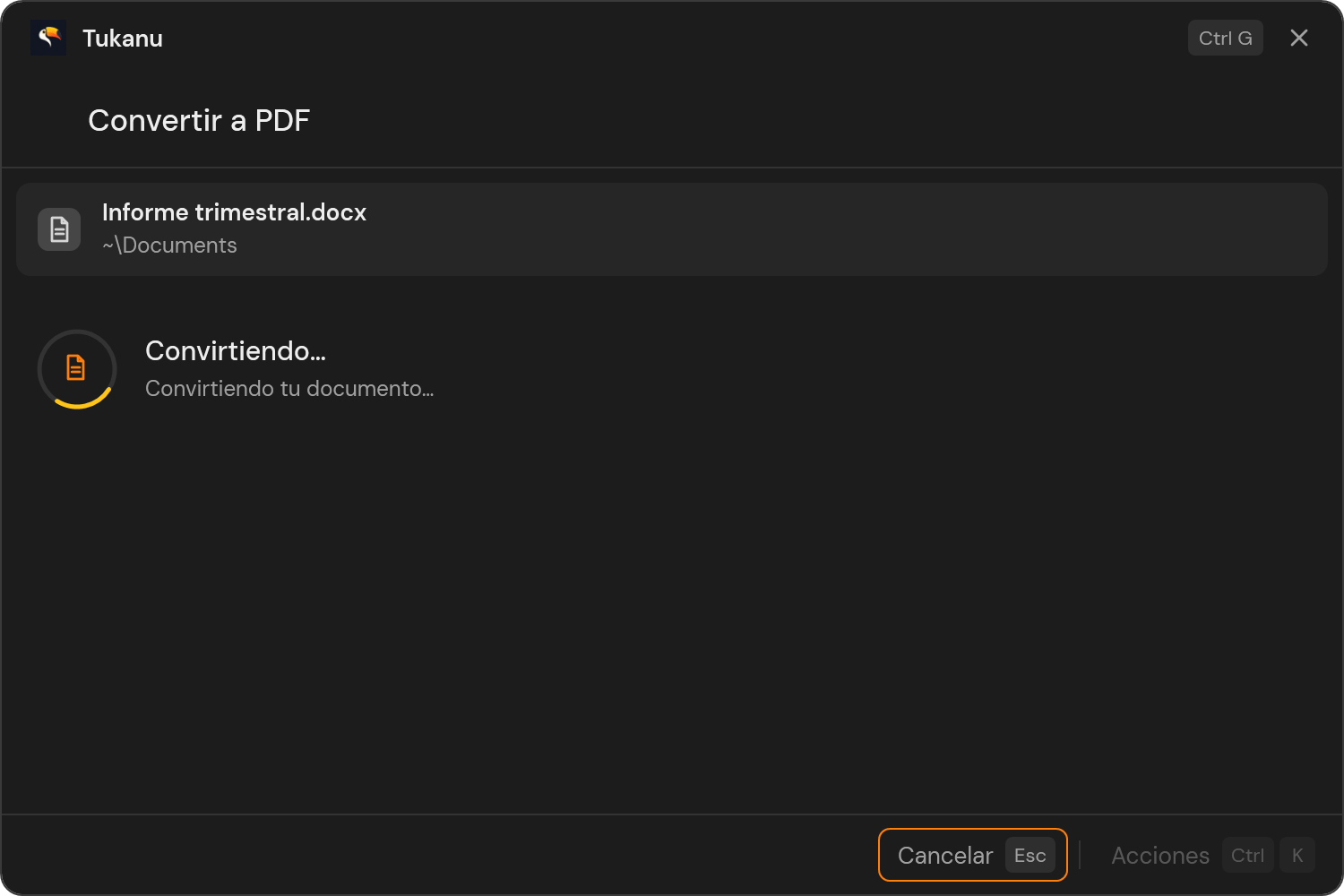 Tukanu convirtiendo un documento, con un anillo de progreso