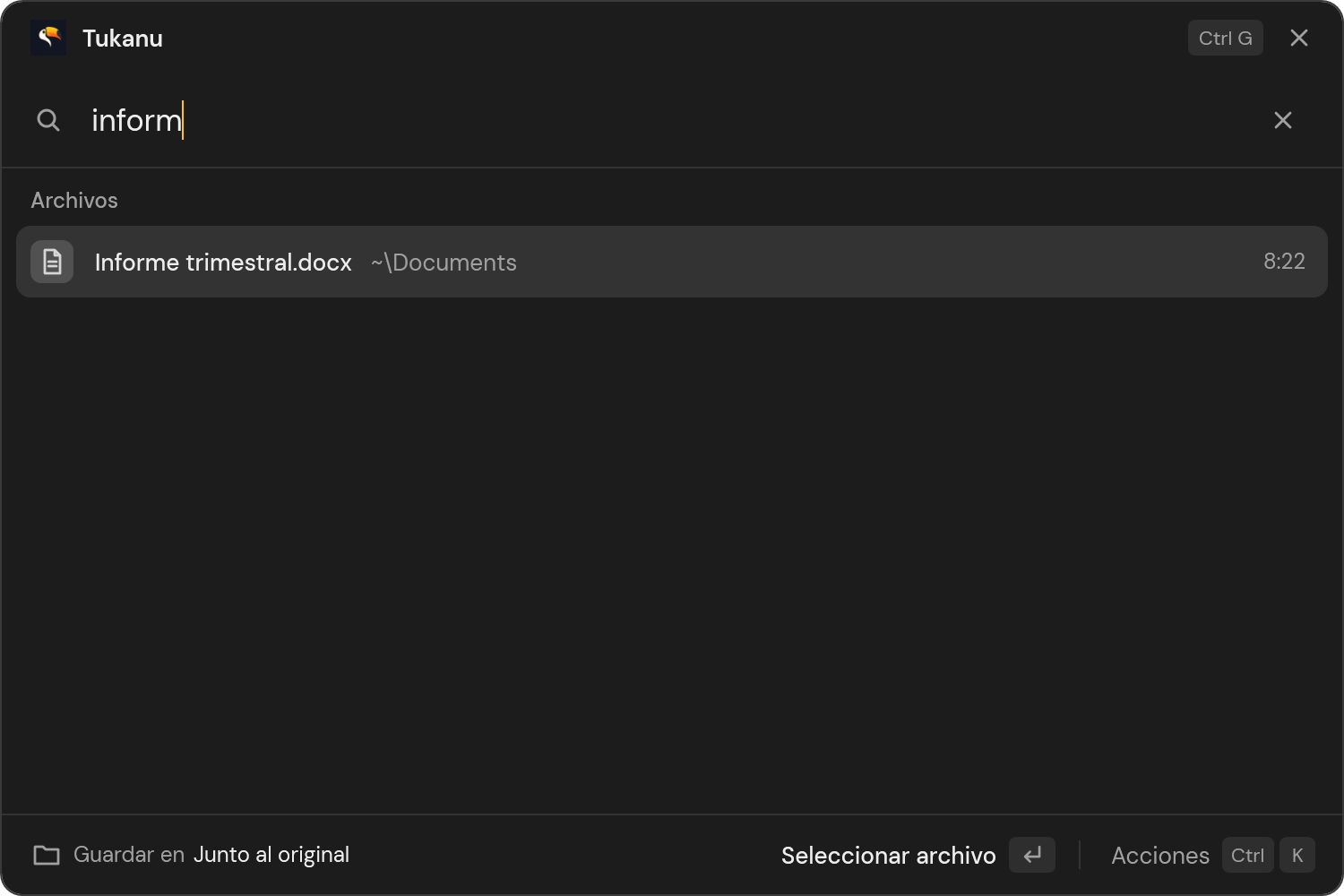 Escribir parte del nombre de un archivo en Tukanu encuentra el archivo