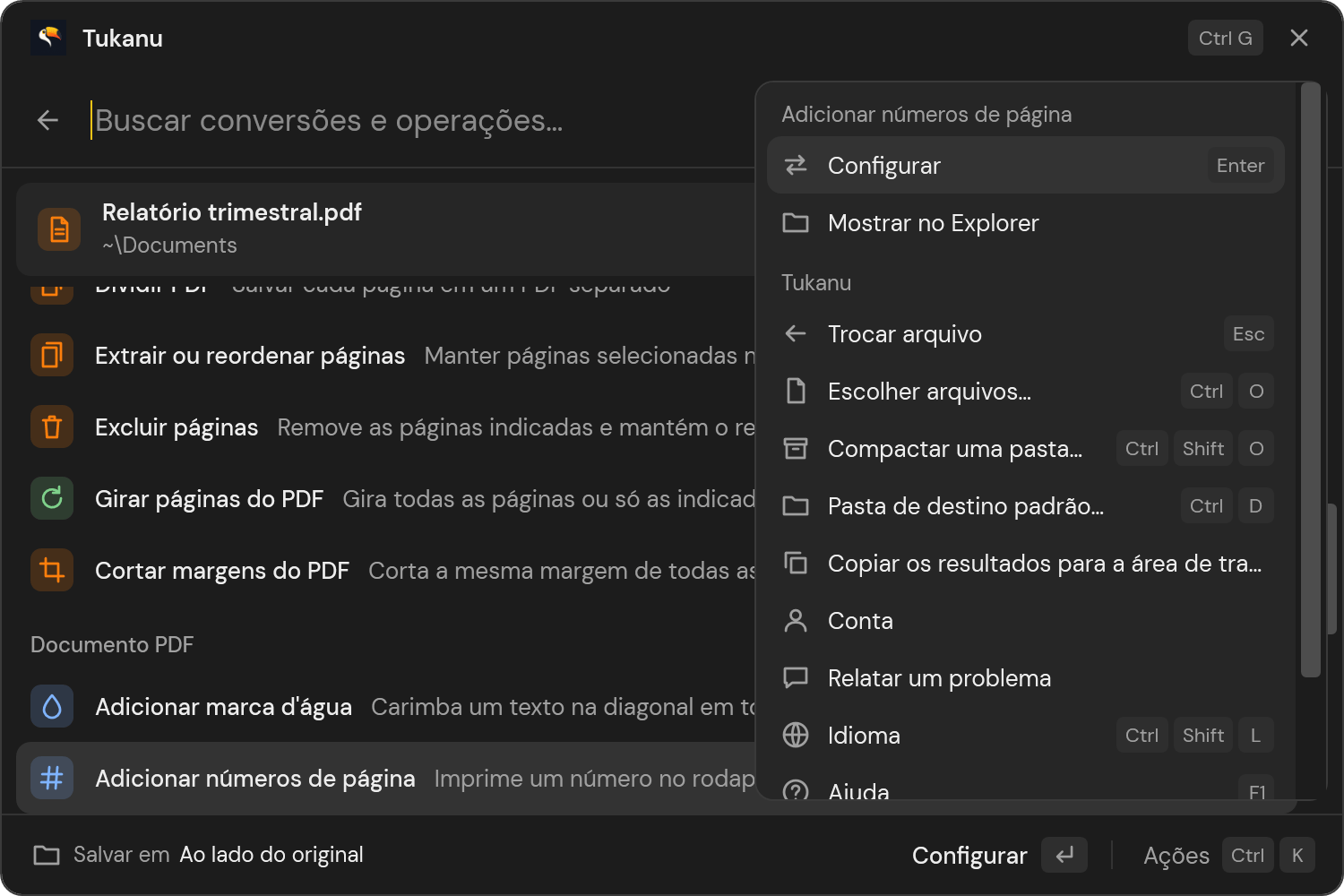O painel de ações do Tukanu, aberto com Ctrl K