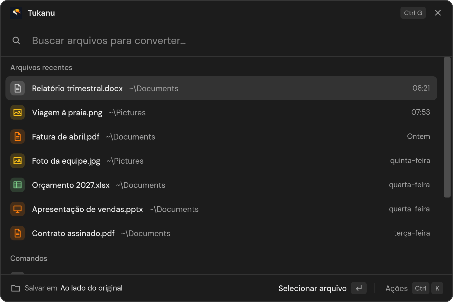 A paleta do Tukanu aberta na busca de arquivos, com os arquivos recentes