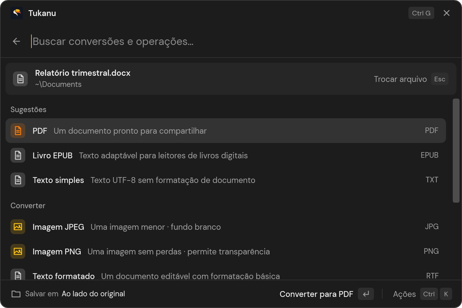 Um documento do Word escolhido no Tukanu, com conversões sugeridas como PDF
