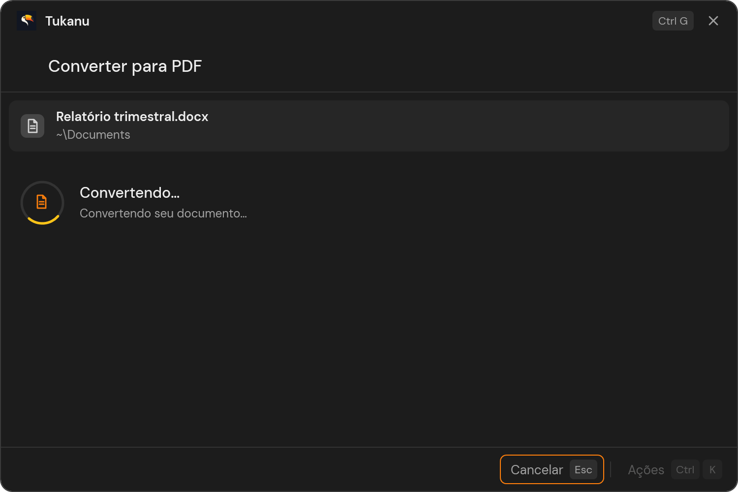O Tukanu convertendo um documento, com um anel de progresso