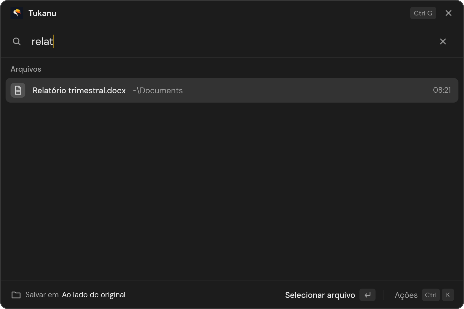 Digitar parte do nome de um arquivo no Tukanu encontra o arquivo